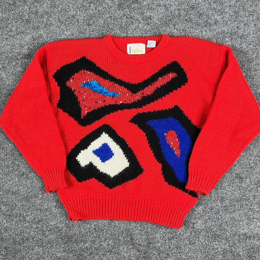 FJ Bentley Sweater Womens Small Red Abstract Graphic Knit Pullover Vintage Style